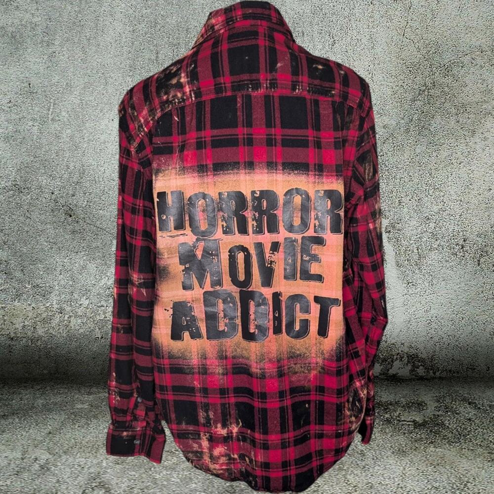 Horror Movie Addict Custom Flannel Shirt Grunge Bleached Large Men's